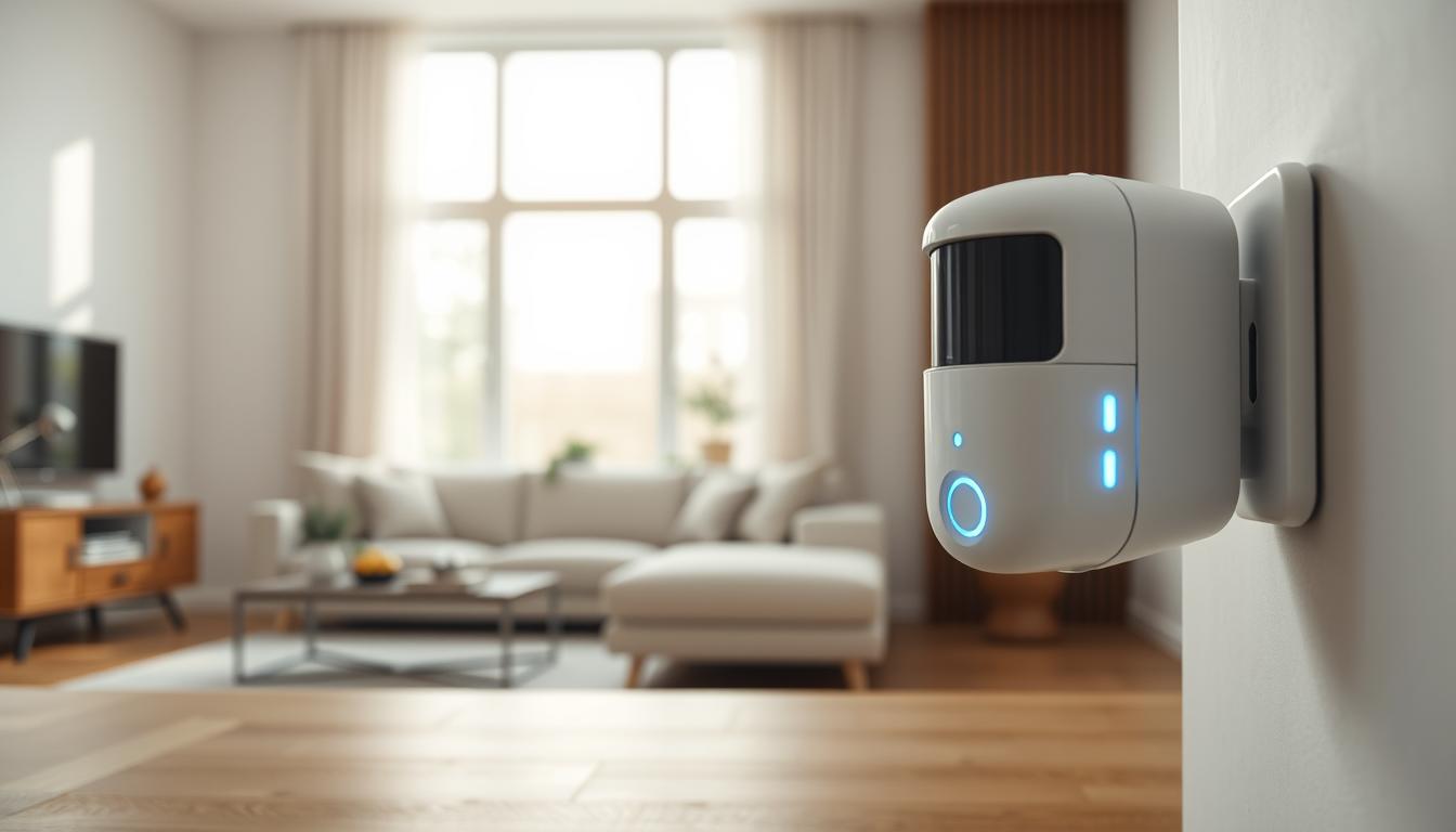 A sleek and modern smart motion sensor device designed for home security. In the foreground, the sensor showcases a futuristic, minimalist design with a glossy white finish and subtle blue LED lights indicating its functionality. In the middle ground, capture a stylishly furnished living room with neutral tones, where the sensor is prominently mounted on a wall above a cozy sofa. Soft natural light enters through large windows, creating an inviting atmosphere. In the background, subtle details like a potted plant and wall art convey a sense of comfort and security. The overall mood is serene yet technologically advanced, encapsulating the essence of smart home security for a 2025 aesthetic.