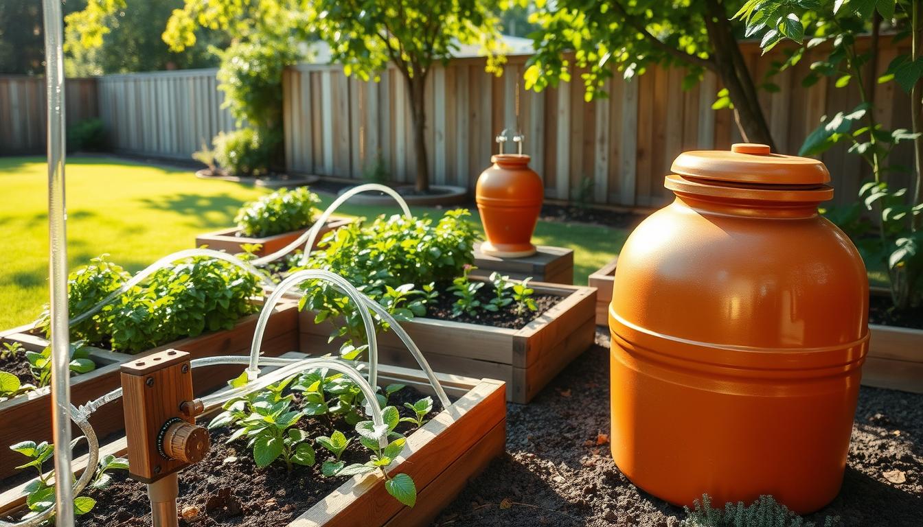 A self-watering garden system in a serene, sun-dappled backyard. Raised garden beds with lush, verdant plants and flowers. A drip irrigation network of clear plastic tubing snaking through the beds, delivering water directly to the roots. In the foreground, a wooden timer and valve system controls the water flow. The middle ground features a terracotta urn-style water reservoir, reflecting the warm tones of the soil. The background shows a well-manicured lawn and a wooden fence, creating a sense of privacy and enclosure. Soft, diffused lighting filters through the foliage, casting gentle shadows and highlighting the natural textures. An atmosphere of self-sustaining tranquility and harmony between technology and nature.