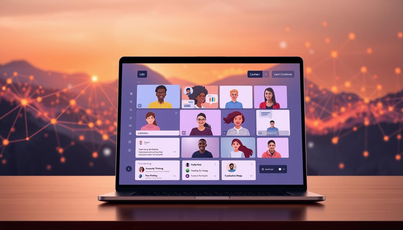 A striking digital illustration of an online learning and training platform. The foreground features a sleek laptop with a minimalist user interface, showcasing various course modules and webinar options. The middle ground depicts a diverse group of remote learners engaged in interactive sessions, their faces lit by the soft glow of their screens. The background is a vibrant, abstract landscape of interconnected nodes and data streams, representing the vast digital ecosystem of e-learning. The overall atmosphere conveys a sense of accessibility, collaboration, and the transformative power of online education. Warm lighting and a muted color palette create a refined, modern aesthetic.