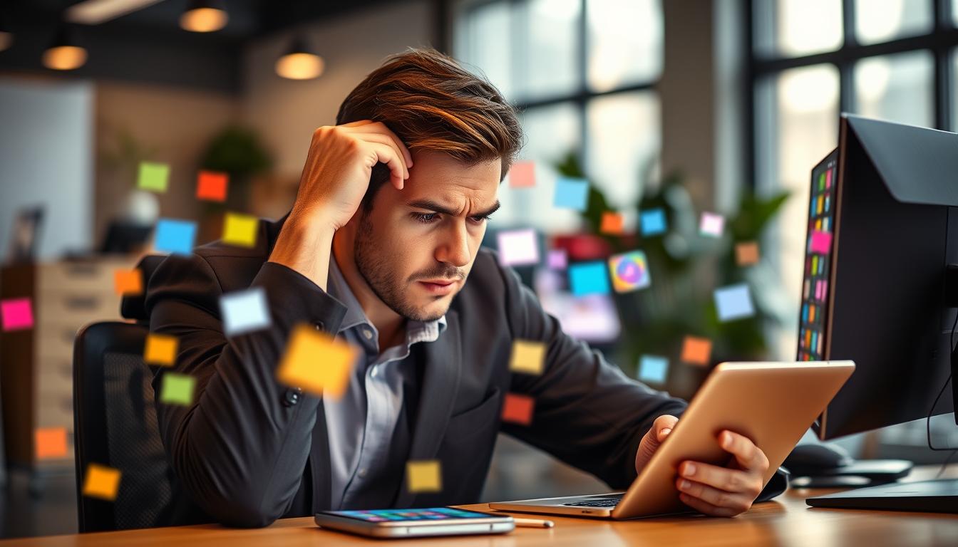 A modern office setting with a person sitting at a desk, surrounded by multiple digital devices like a smartphone, tablet, and computer, all displaying a barrage of notifications popping up. In the foreground, the individual, dressed in professional business attire, looks visibly distracted, with furrowed brows and a hand on their forehead, conveying stress. In the middle ground, emphasize the glowing screens filled with colorful notification icons, creating a chaotic visual effect. The background should include blurred elements of a tidy office environment, with soft natural lighting filtering through a nearby window, creating an atmosphere of distraction and urgency. The overall mood should reflect the struggle of maintaining productivity amidst digital noise.