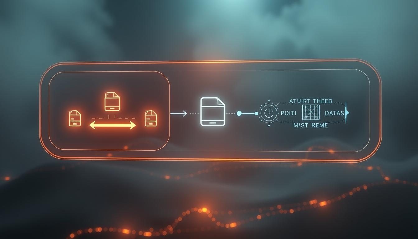 A futuristic, sleek digital transfer interface with a minimalist, intuitive design. The interface hovers in a dimly lit, atmospheric environment, casting a warm glow. Precise holographic icons and fluid animations represent the seamless automated transfer of files and data. The foreground showcases the main transfer function, with dynamic progress indicators. In the middle ground, stylized visual representations of the transferred data streams. The background features a subtly pulsing, ethereal landscape, suggesting the ubiquity and connectivity of the digital realm. Cinematic lighting and camera angles emphasize the advanced, almost magical nature of this automated data transfer tool.