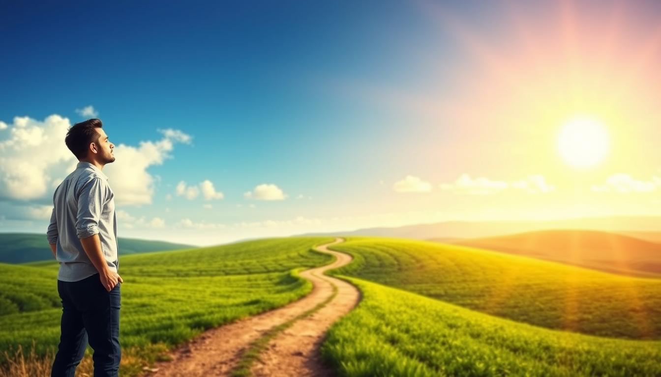 A serene and inspirational scene depicting the power of positive thinking in shaping professional decisions. In the foreground, a person stands confidently, their gaze fixed on the horizon, radiating a sense of determination and optimism. The middle ground features a metaphorical representation of the decision-making process, with pathways branching out, symbolizing the various options available. The background showcases a vibrant, sun-drenched landscape, conveying a sense of growth, possibility, and a future filled with promise. The overall composition and lighting evoke a mood of clarity, focus, and the transformative impact of a positive mindset on one's career journey.