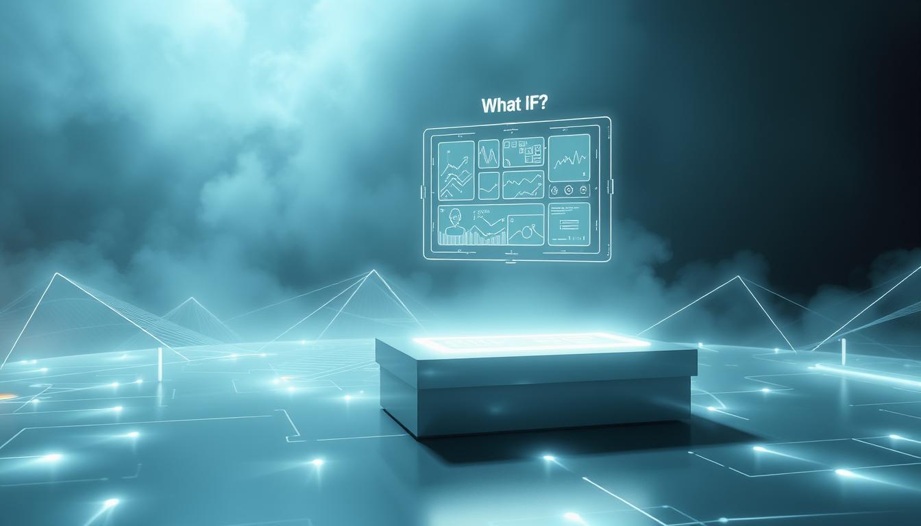 A thoughtful, futuristic scene depicting the concept of &quot;what if?&quot; - a digital, glowing landscape with a central, floating holographic interface displaying various scenarios and outcomes. The foreground features a minimalist, metallic desk or pedestal upon which the hologram is projected, casting an ethereal glow. In the middle ground, abstract geometric shapes and patterns create a sense of depth and technological sophistication. The background is shrouded in a mist of soft, ambient lighting, evoking a contemplative and innovative atmosphere. The overall composition should convey a sense of possibility, analysis, and strategic decision-making.