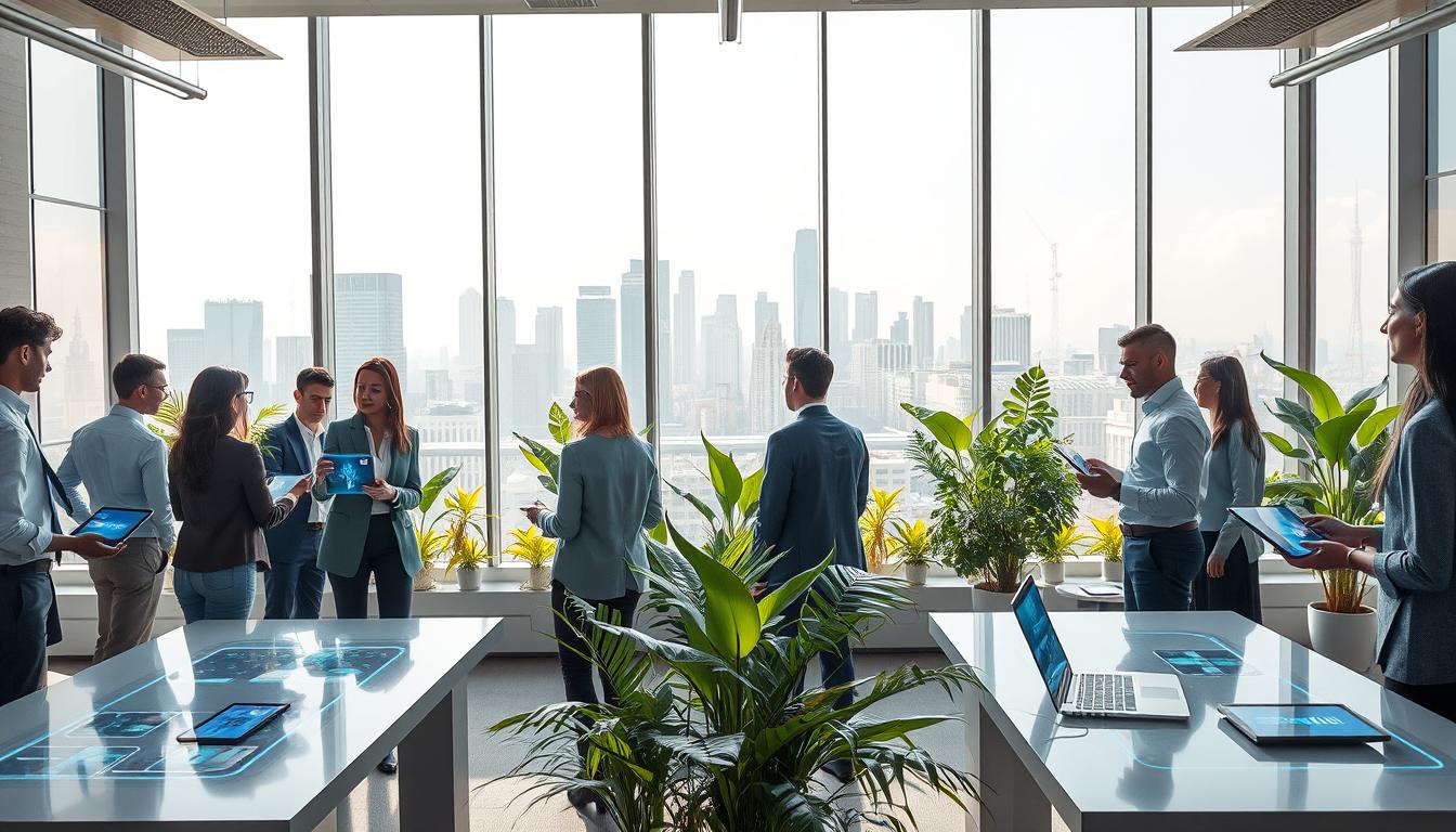A futuristic learning environment showcasing AI-powered learning platforms. In the foreground, a diverse group of professionals in business attire are interacting with holographic displays and virtual interfaces, demonstrating advanced technology. The middle ground features sleek, modern desks equipped with tablets and laptops, surrounded by vibrant plants that create a fresh atmosphere. In the background, large windows reveal a skyline of a high-tech city, bathed in natural sunlight, enhancing the innovative feel of the scene. The overall mood is dynamic and inspiring, emphasizing collaboration and continuous learning. Use bright yet soft lighting to create an inviting ambiance, capturing the essence of progress in self-directed learning through AI.