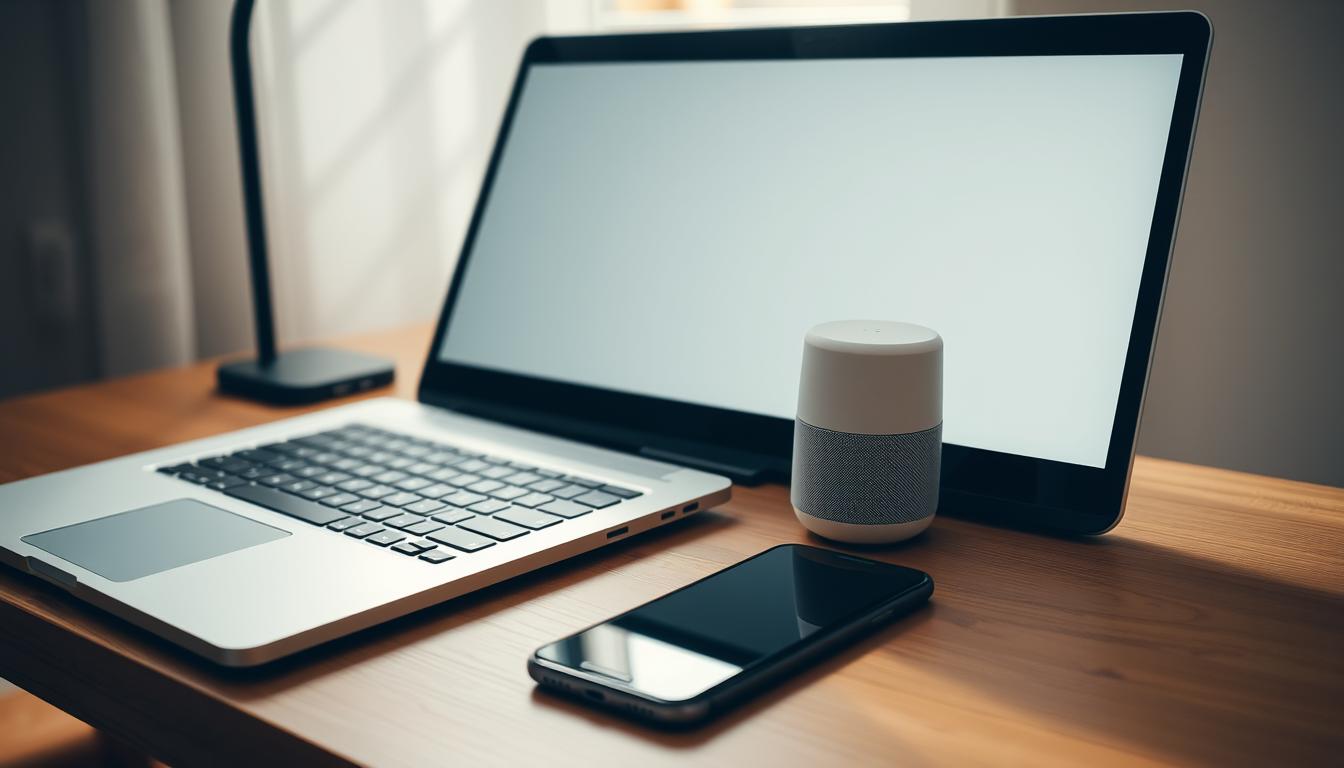A minimalist workspace with a laptop, smartphone, and Google Assistant device on a wooden desk. Soft natural lighting illuminates the scene, creating a warm, productive atmosphere. The laptop screen displays a clean user interface, while the Google Assistant device stands ready to receive voice commands. The smartphone lies within reach, seamlessly integrated into the workflow. The composition emphasizes the synergy between technology and productivity, showcasing how Google Assistant can streamline and organize a user's daily routine.