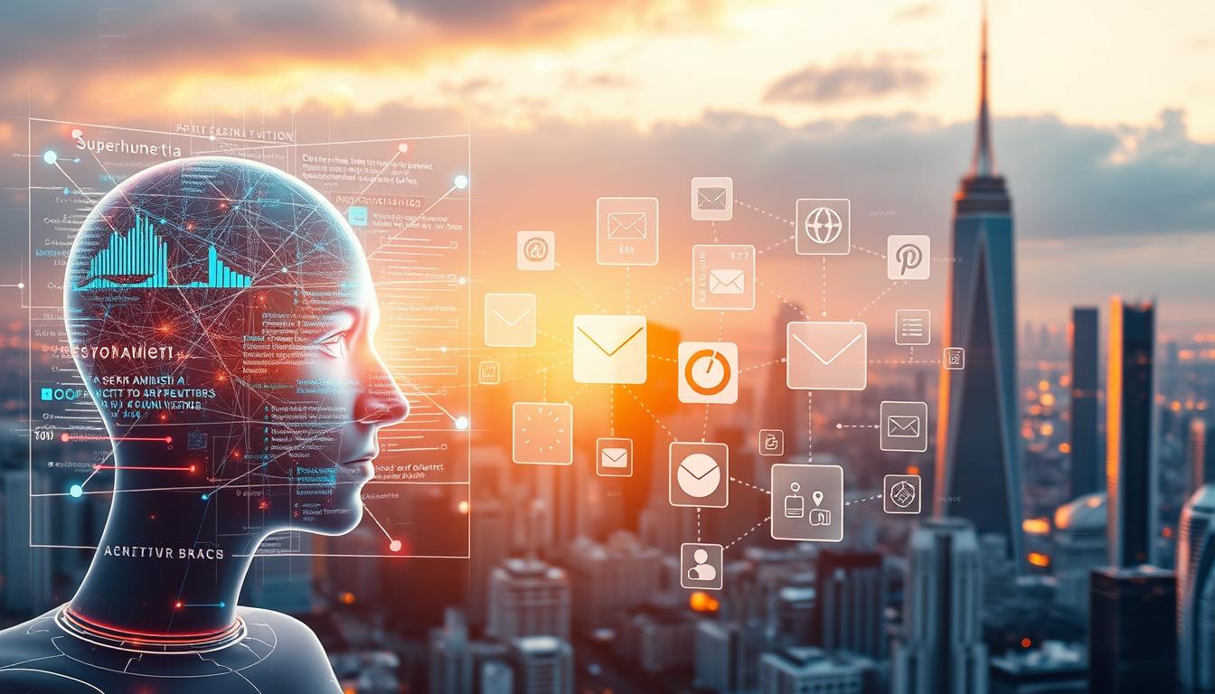 A striking digital illustration depicting the seamless integration of Superhuman AI with various productivity apps. In the foreground, a holographic interface showcases the AI's capabilities, with data streams and analytical visualizations pulsing with life. In the middle ground, a range of popular productivity tools, such as email, calendar, and note-taking apps, are interwoven, conveying the synergy between the AI and these essential digital workflows. The background features a sleek, futuristic cityscape, hinting at the transformative potential of this AI-powered productivity ecosystem. The scene is bathed in a warm, golden light, creating a sense of technological harmony and the promise of enhanced efficiency.