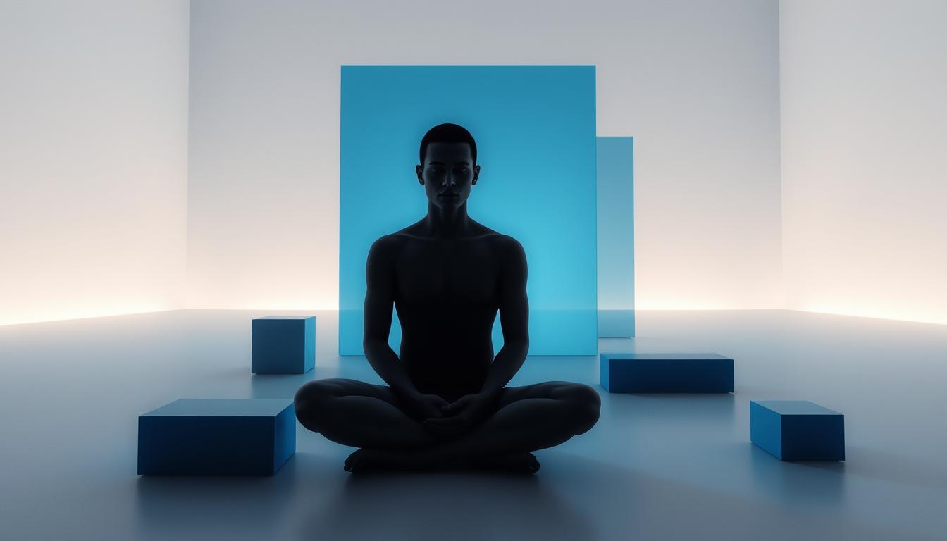 A serene, minimalist scene showcasing the restructuring of negative thoughts. In the foreground, a human figure sits cross-legged, their face tranquil and reflective. Surrounding them, abstract geometric shapes in shades of blue and gray symbolize the process of reframing and reorganizing negative mental patterns. The middle ground features soft, glowing light sources, creating a calming, contemplative atmosphere. In the background, a vast, empty space suggests the expansiveness of the mind, ready to be filled with more constructive, positive perspectives. The scene is captured with a wide-angle lens, emphasizing the sense of spaciousness and inner transformation.