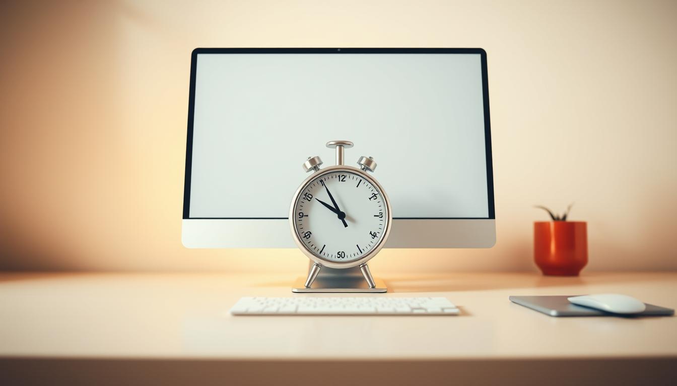 A minimalist but focused workspace, with a sleek desktop computer and a metronome-style Pomodoro timer at the center. Warm, diffused lighting illuminates the scene, creating a serene and focused atmosphere. The background features clean, neutral tones, allowing the central elements to take center stage. The Pomodoro timer, a symbol of the productivity technique, is the focal point, its simple design and steady ticking suggesting a rhythm to the workday. The overall composition conveys a sense of order, discipline, and intentional productivity, reflecting the principles of the Pomodoro Technique.