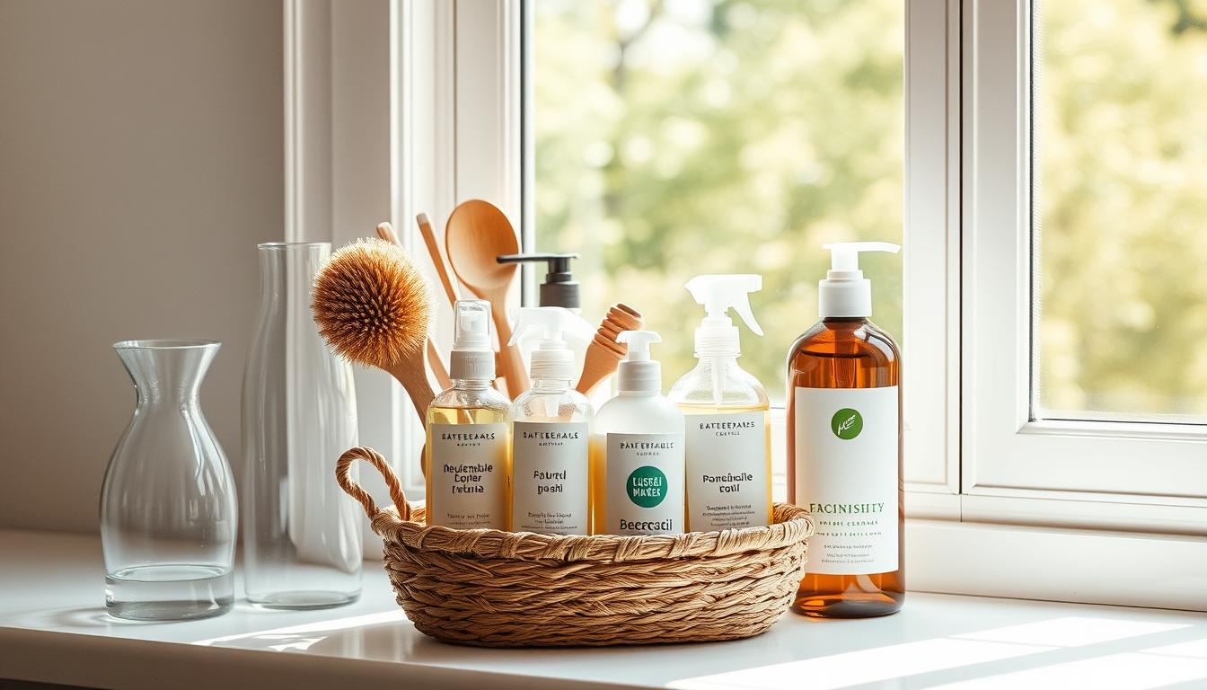 منتجات منزلية مستدامة للاستخدام اليومي A minimalist still life arrangement showcasing a variety of sustainable household products. Prominently featured are an elegant glass water carafe, a reusable bamboo utensil set, and a natural fiber brush. The middle ground features a woven basket filled with an assortment of eco-friendly cleaners and personal care items, their labels highlighting their biodegradable, plant-based formulas. The background is a serene, sun-dappled window sill, casting a warm, natural light over the scene. The overall aesthetic is one of simple sophistication, emphasizing the practical yet refined nature of these sustainable home essentials.