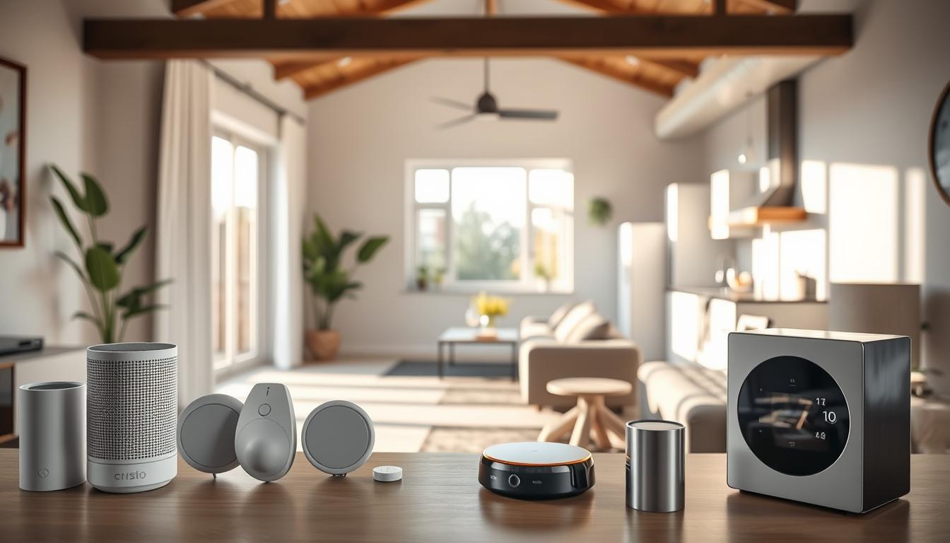 A modern, minimalist home with a mix of warm and cool tones. In the foreground, various smart home devices are seamlessly integrated into the decor, including a voice assistant, motion sensors, and a smart thermostat. The middle ground features a clean, open-concept living area with natural lighting streaming in through large windows. In the background, a simple, uncluttered kitchen showcases basic, budget-friendly smart appliances. The overall atmosphere conveys a sense of efficiency, comfort, and cost-effectiveness, reflecting the theme of &quot;transforming a home into a smart home on a limited budget&quot;.