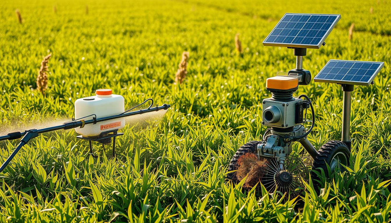 A lush, verdant field dotted with various advanced weed control techniques. In the foreground, a high-tech sprayer mists a targeted herbicide solution onto stubborn weeds, its components gleaming under warm afternoon sunlight. In the middle ground, a mechanical weed puller meticulously extracts deep-rooted plants, its robotic arms working with precision. In the background, a cutting-edge solar-powered ultrasonic weed repeller emits gentle vibrations that disrupt the growth of unwanted vegetation. The scene conveys a harmonious balance between modern technology and sustainable weed management, creating a visually striking illustration of innovative and effective weed control methods.