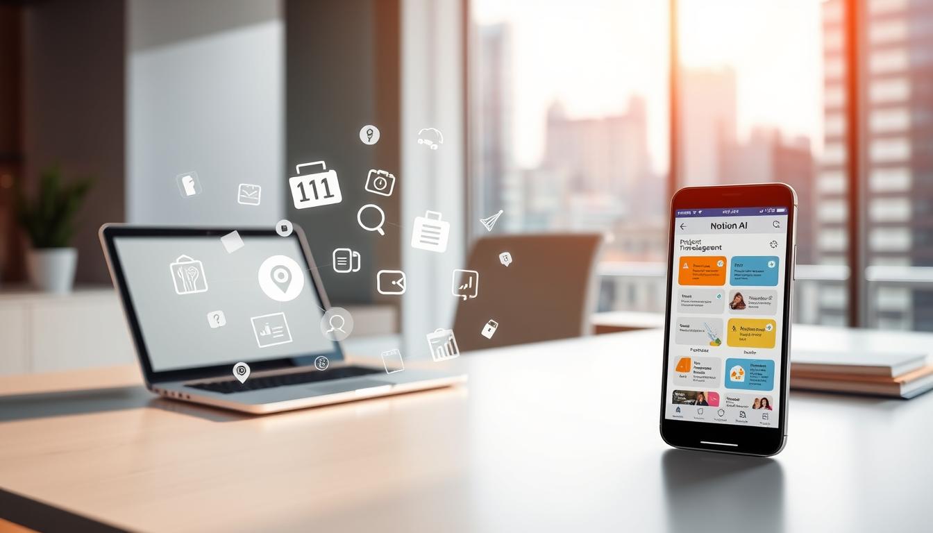 A modern, minimalist office setting with a sleek, white desk, a laptop, and a smartphone displaying Notion AI's interface. In the foreground, various project management icons and visuals float effortlessly, representing the efficient organization and collaboration capabilities of the software. The background features a blurred, out-of-focus cityscape, symbolizing the seamless integration of personal and professional tasks. Warm, natural lighting illuminates the scene, creating a sense of productivity and focus. The overall composition conveys the harmony and simplicity of managing projects using Notion AI.