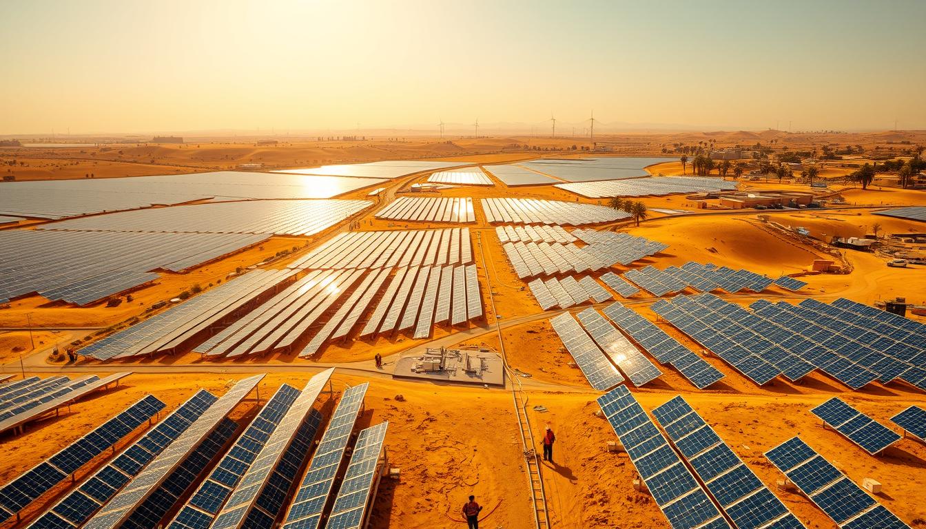A vast expanse of solar panels glittering in the Egyptian sun, dotting the landscape as far as the eye can see. Sleek, modern arrays stretch across rolling hills, harnessing the abundant natural energy. In the foreground, workers in safety gear maintain the equipment, ensuring optimal efficiency. The middle ground features a network of access roads and distribution hubs, linking the solar farm to the national grid. In the distant background, the silhouettes of traditional mud-brick buildings and palm trees create a striking contrast, blending the ancient and the futuristic. Warm, golden lighting bathes the entire scene, conveying a sense of progress and sustainability in Egypt's renewable energy revolution.