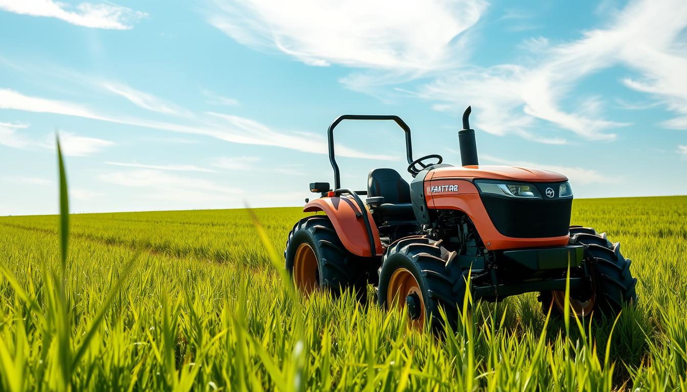 Small agricultural tractors for small spaces, operating in a lush green field with tall grass, under a bright sunny sky with wispy white clouds. The tractor is compact, with large wheels and a sturdy frame, designed for maneuvering in tight spaces. The tractor's operator is not visible, allowing the focus to be on the machine itself. The scene conveys efficiency, practicality, and the utility of these specialized tractors for small-scale farming operations. The image should have a balanced, harmonious composition that effectively illustrates the section title.