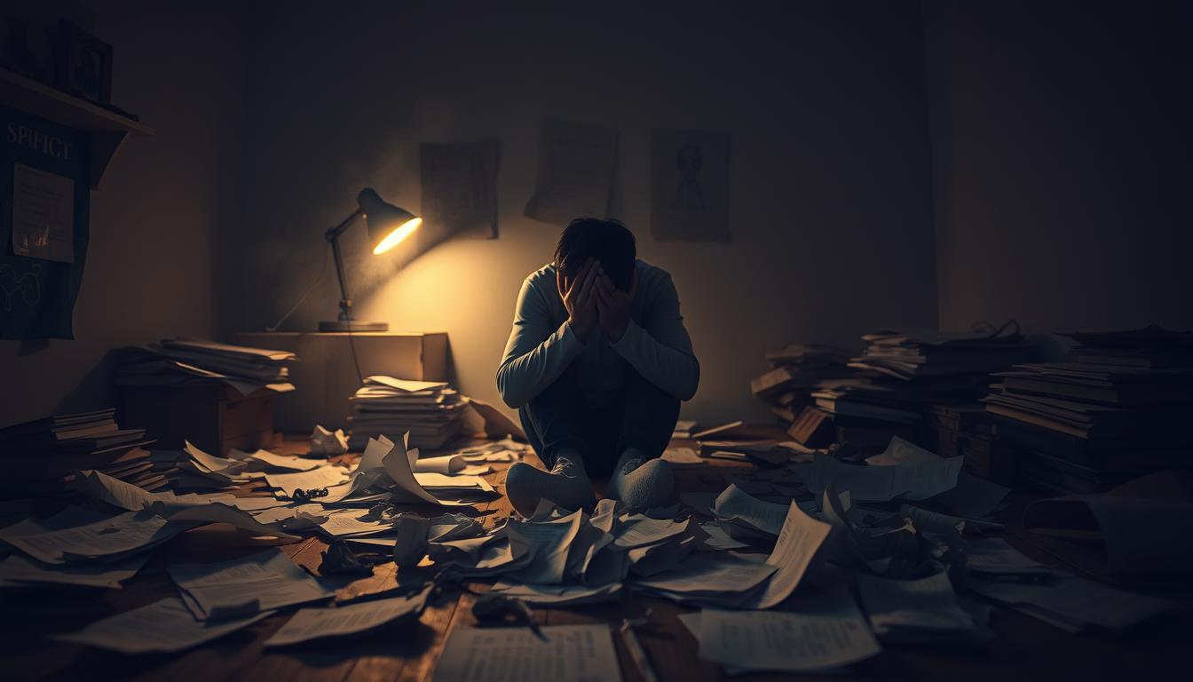 A dimly lit room with scattered papers, crumpled notes, and a lone desk lamp casting a warm glow. In the center, a figure sits hunched, head in hands, surrounded by the remnants of failed self-improvement attempts. The atmosphere is one of frustration and weariness, with a sense of longing for a way forward. The background is hazy, out of focus, symbolizing the confusion and lack of clarity that often accompanies the challenges of personal growth. The overall tone conveys the common struggles faced in the journey of self-development, where the path to success is often obscured by setbacks and a lack of sustainable progress.