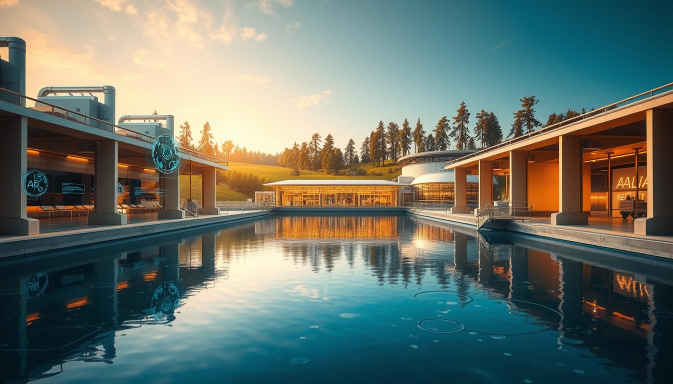 A serene aquatic environment showcasing the integration of artificial intelligence in water management. In the foreground, a futuristic water treatment facility with sleek, modern architecture bathed in warm, diffused lighting. Amid the structures, transparent monitoring panels display real-time data and analytics, highlighting the AI-driven optimization of water purification processes. In the middle ground, a tranquil reservoir reflects the facility, creating a sense of harmony between technology and nature. The background features a lush, verdant landscape with towering trees, conveying the sustainable coexistence of advanced water systems and the natural environment. The overall scene exudes a sense of innovation, efficiency, and environmental stewardship.