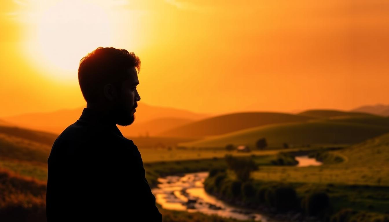 النجاح بعد الفشل تقبل الفشل والنمو منه كيفية التعامل مع الإحباط A serene, peaceful scene depicting the concept of "taqabbal al-fashal" or "accepting failure". The foreground features a contemplative figure, silhouetted against a warm, glowing sunset. Their posture reflects a sense of calm and introspection, conveying the idea of embracing failure as a step towards growth and renewal. The middle ground showcases a lush, verdant landscape, with rolling hills and a tranquil stream, symbolizing the fertile ground that can emerge from the ashes of disappointment. The background is bathed in a soft, golden light, evoking a sense of hope and possibility. The overall mood is one of quiet resilience, where the viewer is encouraged to find strength and wisdom in the face of setbacks.