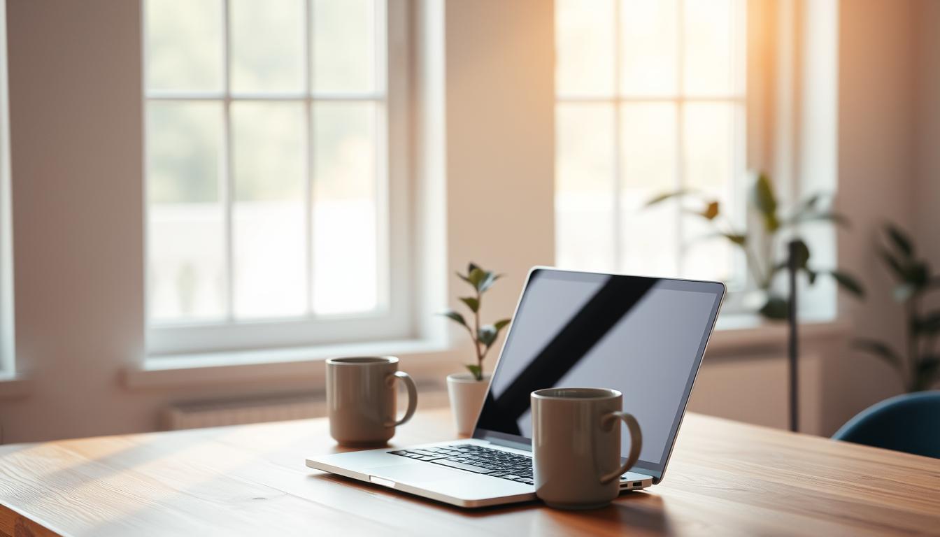 A serene, minimalist workspace with a laptop, a plant, and a mug on a wooden desk. Soft natural lighting filters through large windows, casting warm shadows and creating a sense of balance and tranquility. The background is blurred, emphasizing the central setup and conveying a focused, intentional digital lifestyle. The overall atmosphere evokes a state of digital mindfulness, where technology is integrated harmoniously into a simple, uncluttered environment.