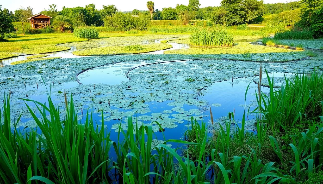 الطريقة الأولى: معالجة مياه الصرف الزراعي بالأنظمة البيولوجية A lush, thriving artificial wetland landscape. In the foreground, a serene pond reflects the surrounding foliage. Carefully-designed wetland plants, like reeds and cattails, filter and purify the water. The middle ground features a network of meandering channels, gently guiding the flow. In the background, a verdant natural backdrop of trees and shrubs creates a soothing, tranquil atmosphere. Soft, diffused lighting illuminates the scene, highlighting the vibrant greens and blues. The overall composition conveys a sense of ecological balance, where nature and technology work in harmony to treat and recycle agricultural wastewater.