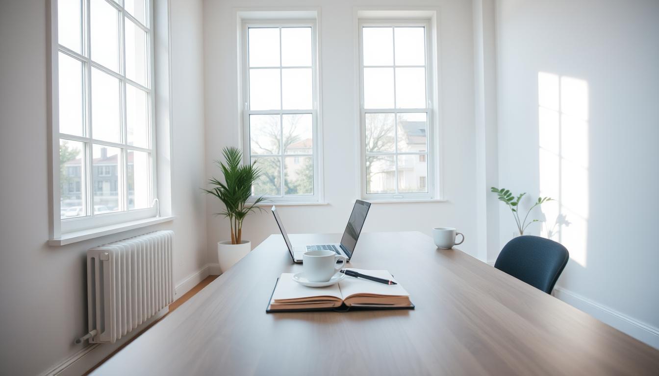 A minimalist office interior with a desk, chair, and laptop. The room is well-lit, with natural sunlight streaming through large windows. The walls are a calming neutral color, and the overall atmosphere is one of focus and productivity. On the desk, a notebook and a cup of coffee sit, suggesting a daily routine and evaluation. The lighting is soft and diffused, creating a serene and contemplative mood. The camera angle is at eye level, allowing the viewer to imagine themselves in the scene, thoughtfully considering their daily habits and patterns.