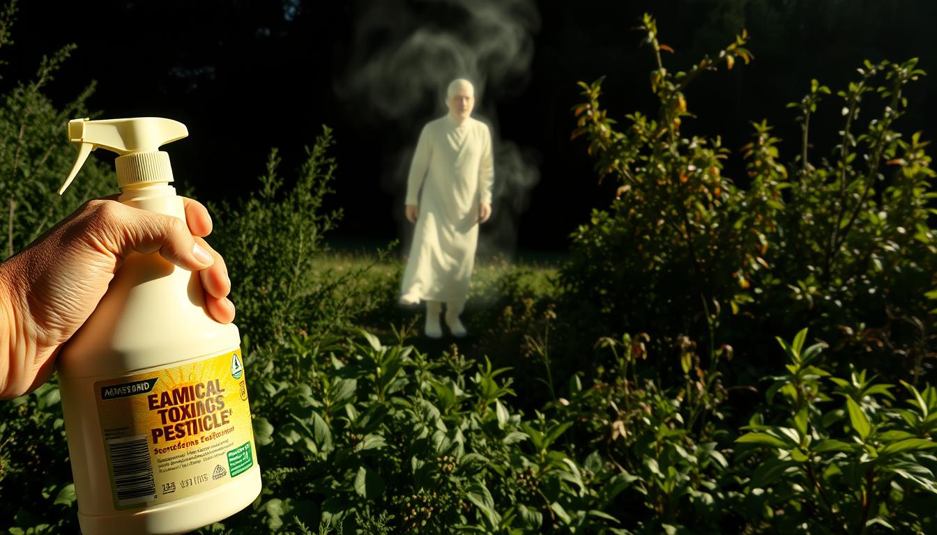 A high-contrast, dramatic landscape showcasing the dangers of chemical pesticides. In the foreground, a hand holding a pesticide bottle, its label prominently displayed. Looming in the middle ground, a hazy, ghostly figure representing the unseen toxins, its form ominous and foreboding. In the background, a lush but sickly-looking garden, with wilting plants and discolored leaves, hinting at the long-term environmental damage. Lighting is harsh, casting deep shadows to heighten the sense of unease. The overall atmosphere is one of warning and caution, emphasizing the hidden perils of chemical solutions for weed control.