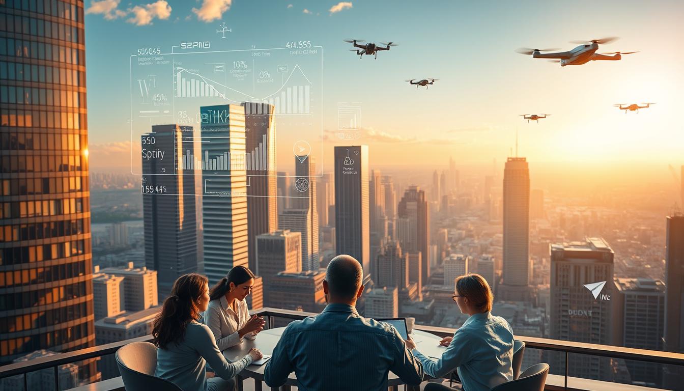 A bustling cityscape with skyscrapers and office buildings, illuminated by warm, golden sunlight streaming through the windows. In the foreground, a group of business professionals gathered around a table, deep in discussion, with holographic displays and charts floating above them, visualizing complex data and algorithms. The middle ground features a futuristic-looking AI assistant, its form a blend of metallic and organic elements, engaging with the team, offering insights and recommendations. In the background, a panoramic view of the city, with autonomous vehicles and drones buzzing through the air, reflecting the seamless integration of AI technology into the urban landscape. The overall atmosphere exudes a sense of innovation, efficiency, and the boundless potential of AI-driven business opportunities.