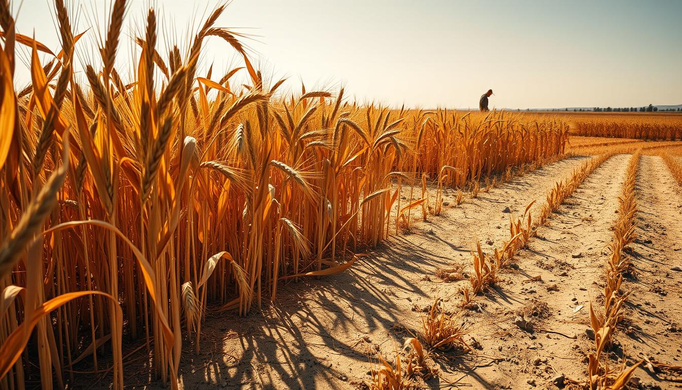 A lush, sun-dappled field of drought-resistant wheat sways gently in the breeze. Sturdy, rust-colored stalks rise from the parched soil, their deep root systems anchoring them against the harsh, arid conditions. Intricate leaf patterns catch the warm, golden light, casting intricate shadows on the ground. In the distance, a lone farmer tends to the thriving crop, their silhouette highlighted against a clear, cloudless sky. The overall scene conveys a sense of resilience, adaptability, and the triumph of life over adversity in the face of a changing climate.