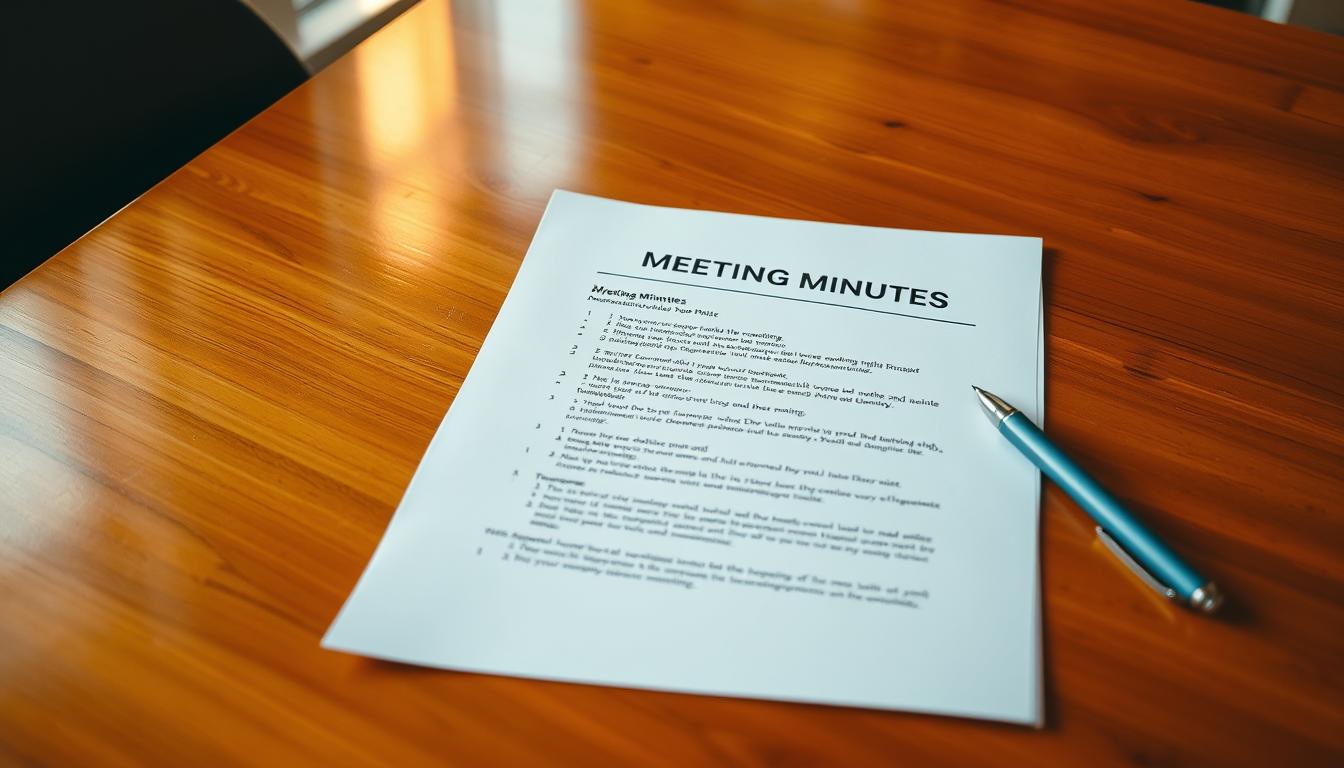 A neatly organized meeting minutes document lies on a polished wooden table, illuminated by warm, soft lighting. The pages are crisp and clean, with carefully structured bullet points and section headings. A pen rests nearby, suggesting the ongoing process of summarizing and distilling the key points from the meeting. The composition conveys a sense of efficiency, professionalism, and the importance of capturing essential information in a concise manner. The background is subtly blurred, keeping the focus on the meeting minutes as the central subject, representing the transformation of lengthy discussions into a useful, streamlined summary.
