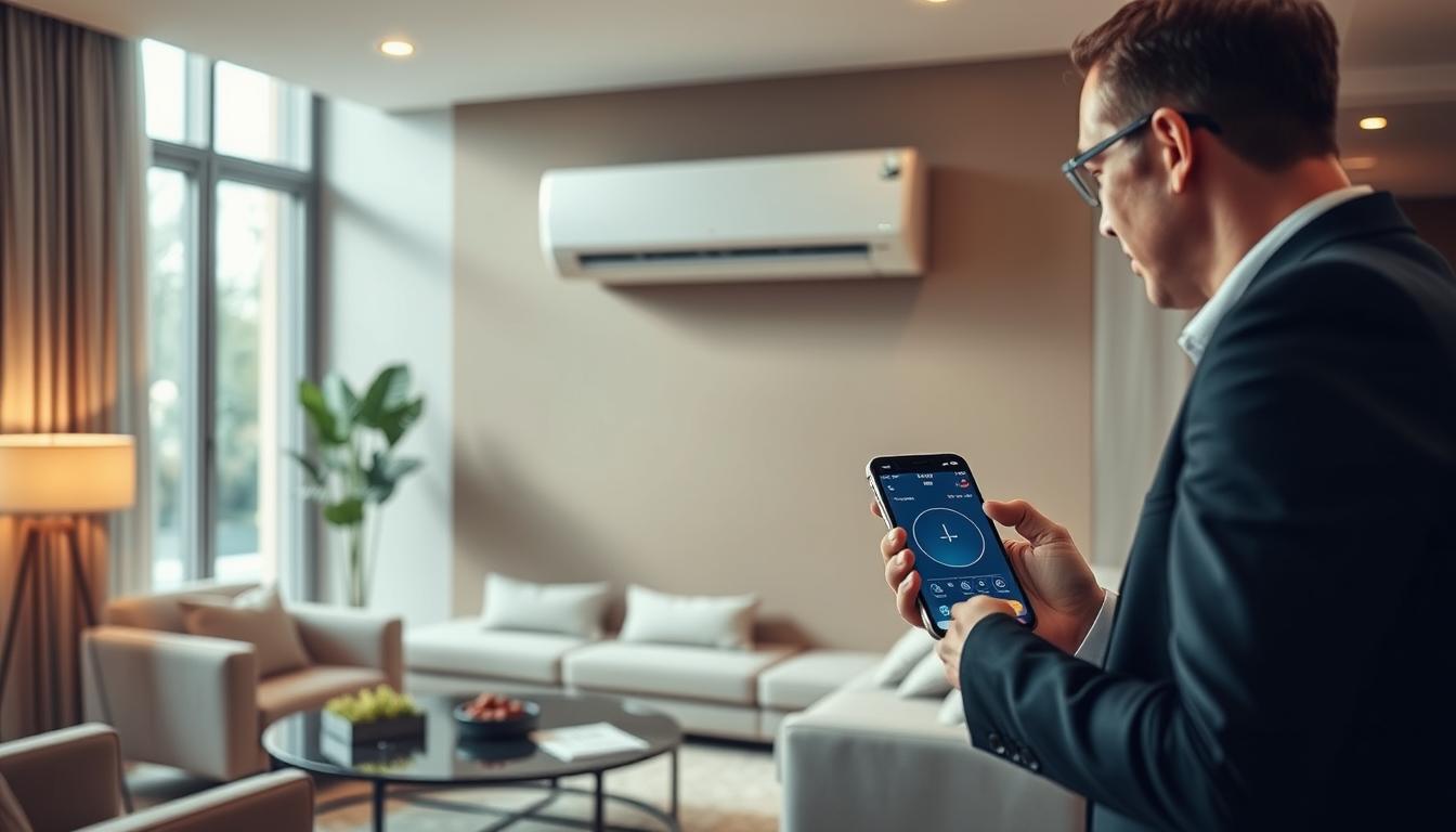 A modern living room featuring a sleek, state-of-the-art air conditioning unit on the wall, with a smartphone displaying an intuitive app interface for remote control. In the foreground, include a person in professional business attire, using the phone to adjust the temperature. In the middle, the air conditioning unit is prominently visible, with soft, cool lighting enhancing the atmosphere. The background showcases a cozy, elegantly furnished space, with large windows allowing natural light to filter in, creating a warm and inviting ambiance. Use a wide-angle lens effect to emphasize the room's openness while keeping the focus on the air conditioning system and user interaction. The mood is tech-savvy and comfortable, highlighting the convenience of remote control technology in modern home environments.