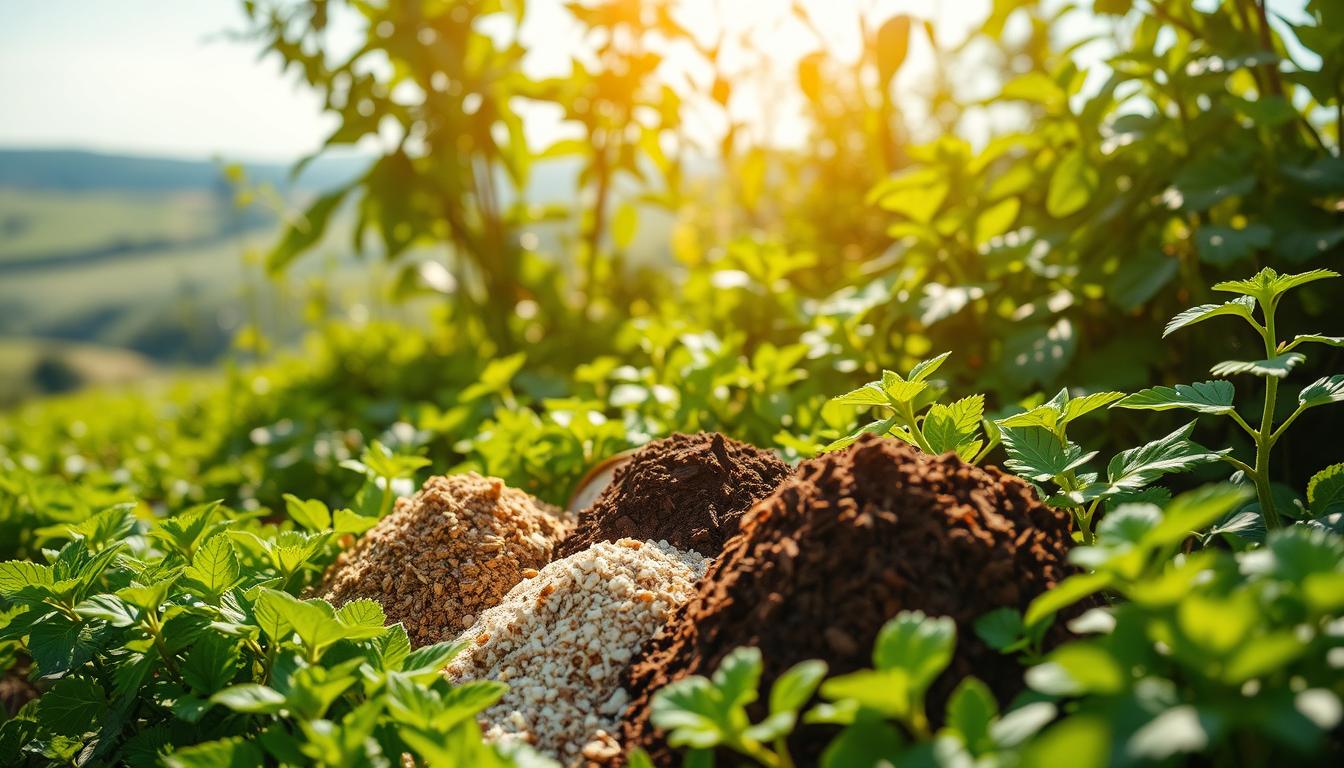 A lush, verdant garden with organic fertilizers prominently displayed in the foreground. Various natural materials such as seaweed, compost, and bone meal are carefully arranged, their earthy tones and textures contrasting against the vibrant greenery surrounding them. The lighting is soft and diffused, creating a warm, natural atmosphere that highlights the sustainable nature of these natural amendments. The middle ground features healthy, thriving plants, while the background suggests a serene, countryside setting with rolling hills and a clear, blue sky. The overall composition conveys the importance and benefits of using these natural, eco-friendly fertilizers in organic agriculture.