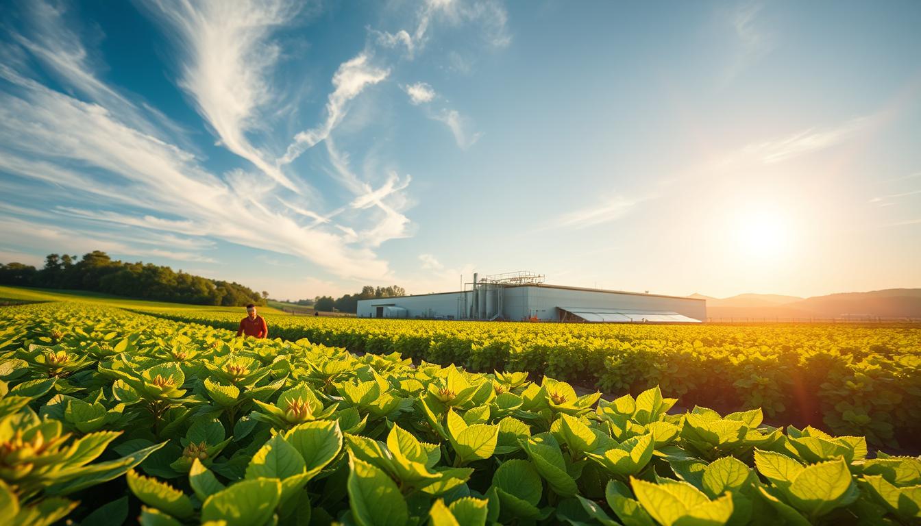A lush, verdant field of thriving crops, illuminated by warm, golden sunlight filtering through wispy clouds. In the foreground, clusters of vibrant, healthy plants with deep green foliage and burgeoning flowers or fruits. In the middle ground, workers tending to the soil, applying a natural, earthy-toned biofertilizer. In the background, a state-of-the-art biofertilizer production facility, its clean, modern architecture blending seamlessly with the pastoral scene. The overall atmosphere conveys a sense of sustainability, innovation, and abundance, reflecting the advanced biofertilizer techniques that power this flourishing agricultural landscape.