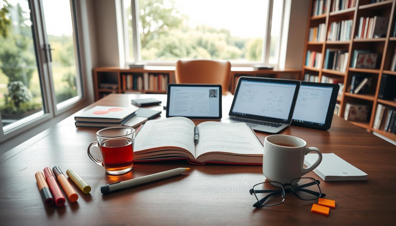 A well-lit, serene study space with a large wooden desk, bookshelves, and a comfortable chair. In the foreground, an open notebook and a cup of tea sit alongside various learning aids like highlighters, sticky notes, and a pair of reading glasses. The middle ground features a laptop and a tablet displaying detailed mind maps and diagrams. The background showcases a large window overlooking a peaceful, lush outdoor scene, creating a calming, focused atmosphere for effective study techniques.