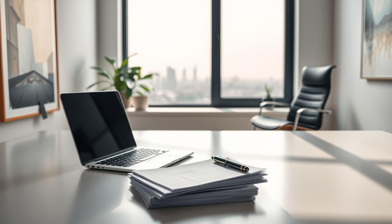 A professional office setting with a minimalist, modern aesthetic. In the foreground, a desk with a laptop, fountain pen, and a stack of papers. Soft, diffused lighting illuminates the scene, creating a contemplative atmosphere. In the background, a large window overlooks a serene cityscape. The walls are adorned with abstract art pieces, hinting at the creative energy within. A potted plant on the windowsill adds a touch of nature, while a sleek, ergonomic chair invites the viewer to sit and engage in deep, focused work. The overall impression is one of productivity, innovation, and a dedication to the creative process.