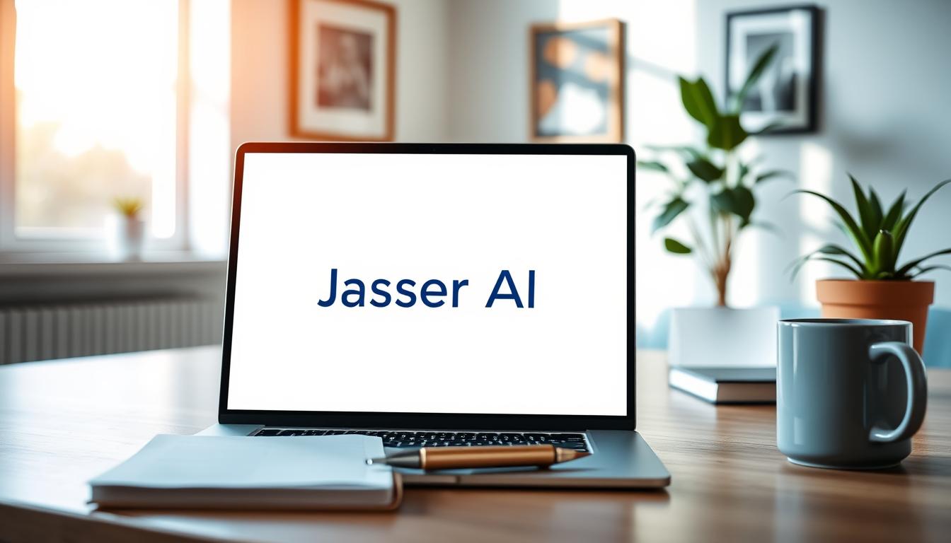 A serene office workspace with a modern laptop displaying the Jasper AI logo. Soft, natural lighting filters through large windows, creating a warm, productive ambiance. On the desk, a notebook and pen lie alongside a stylish mug, hinting at the writer's creative process. The walls feature minimalist artwork, and a potted plant adds a touch of greenery, fostering a calm, focused environment ideal for blog and article composition. The overall scene radiates a sense of ease and efficiency, encapsulating the effortless content creation promised by Jasper AI.