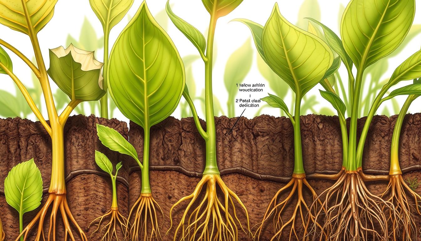 A detailed close-up illustration showcasing various nutrient deficiency symptoms in plants. The image should depict common visual indicators such as yellowing, discoloration, stunted growth, and other telltale signs across different plant tissues - leaves, stems, and roots. The scene should be captured under natural sunlight, with a shallow depth of field to highlight the key details. The overall tone should convey a sense of scientific observation and educational insight, with a clean, uncluttered layout to allow the subject matter to take center stage.