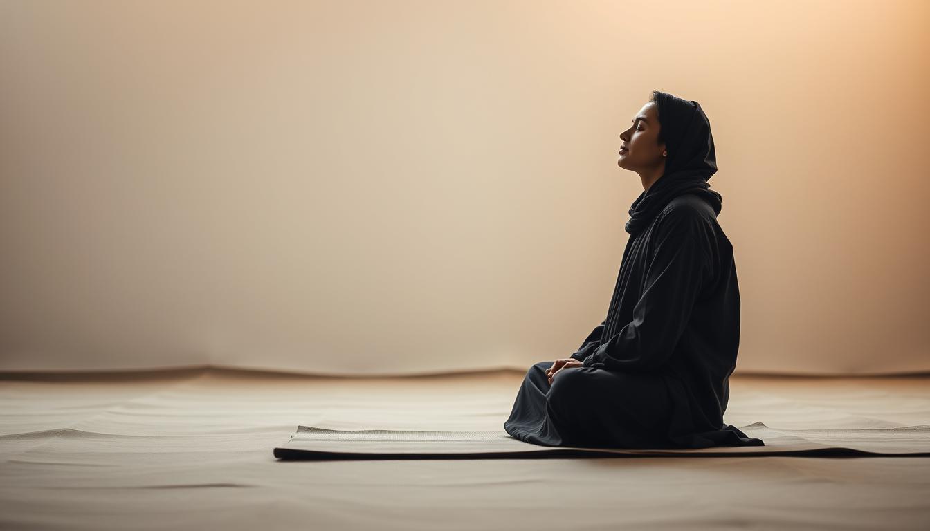 التمرين الخامس: تقنية التأمل المركز لتعميق التركيز A serene, minimalist scene depicting the practice of "Taqniyyat al-taammul al-murakkaz" (Focused Meditation Technique). In the center, a person sits cross-legged on a plain mat, eyes closed, hands resting peacefully in their lap. Soft, warm lighting from above illuminates their tranquil expression. The background is a simple, uncluttered space, perhaps a meditation studio or peaceful outdoor setting, with muted tones creating a calming atmosphere. Subtle details, such as the person's flowing robes and the slight wisps of incense, add to the meditative ambiance. The overall composition conveys a sense of focused attention, mental clarity, and inner stillness.