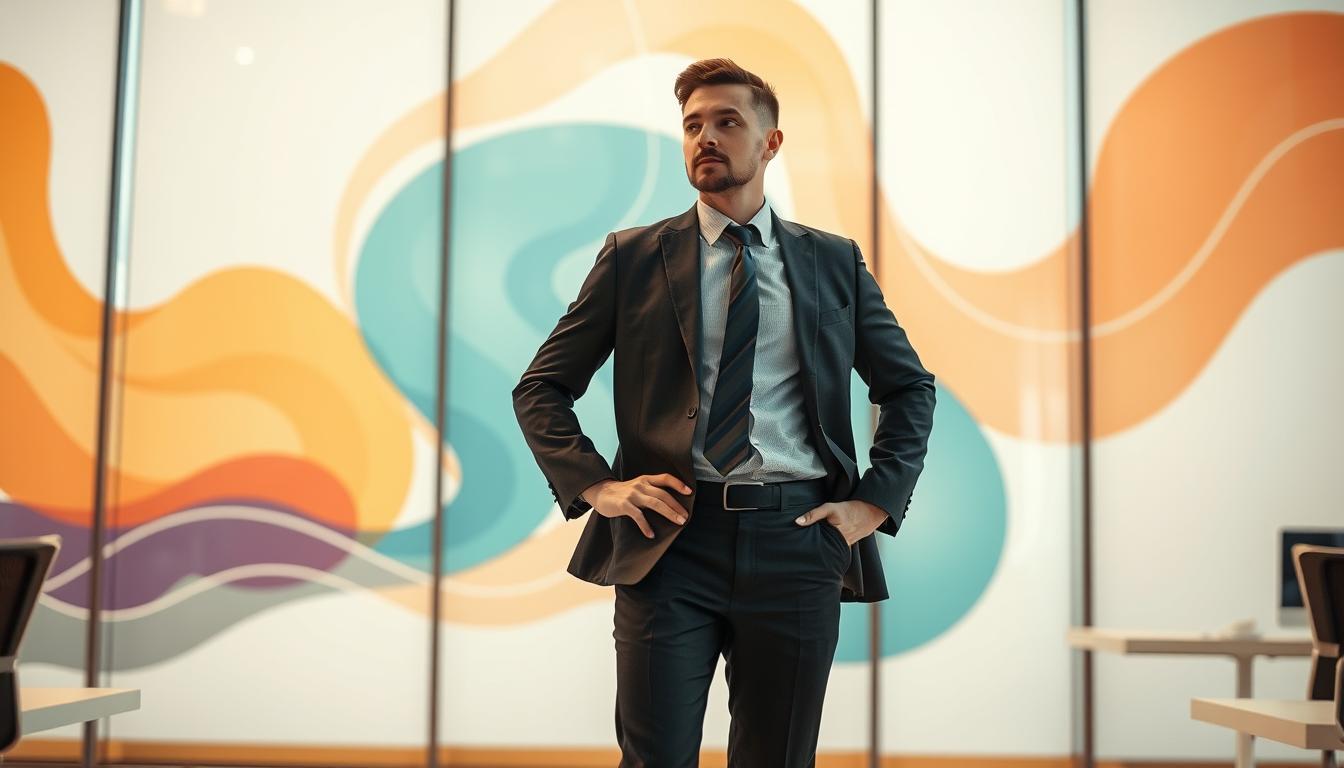 A professional business person standing in a modern office, navigating a rapidly changing work environment. The figure is poised and adaptable, seamlessly transitioning between diverse tasks and responsibilities. The setting features a fluid, dynamic backdrop with evolving shapes and patterns, conveying the flexible, agile nature of the individual's career path. Soft, warm lighting illuminates the scene, creating a sense of determination and optimism. The overall composition emphasizes the subject's ability to thrive amidst professional transformation, embodying the essence of career adaptability and resilience.
