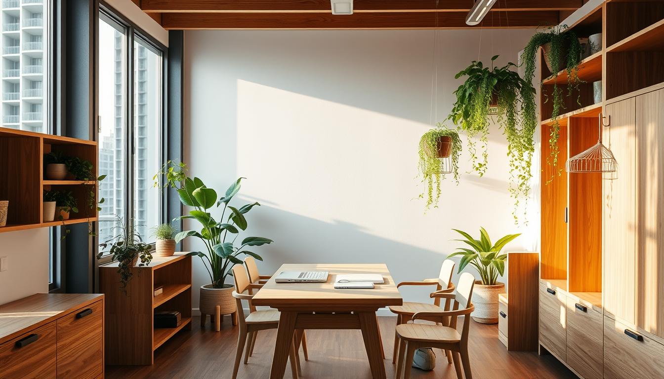 A tranquil, minimalist office setting featuring sustainably-sourced wooden furniture and lush potted plants. The desk, shelves, and chairs are crafted from warm, natural-grained wood, conveying a sense of timeless elegance. Soft, diffused lighting filters through large windows, casting a serene glow across the space. Verdant, trailing vines cascade from elevated planters, adding pops of vibrant greenery that harmonize with the earthy tones. The overall atmosphere is one of eco-conscious calm, inspiring productivity and environmental mindfulness.