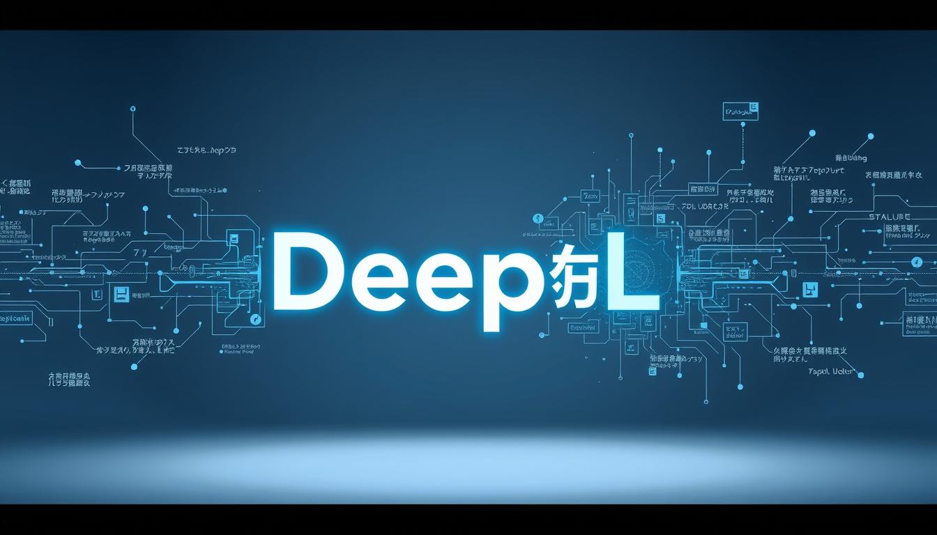 A sleek, modern technological interface showcasing the &quot;DeepL للترجمة الذكية&quot; logo. The interface is set against a clean, minimalist background with subtle gradients, creating a sense of sophistication and advanced AI capabilities. The logo is prominently displayed, rendered in a bold, eye-catching font that commands attention. Surrounding the logo are intricate, futuristic visual elements such as data streams, floating text, and subtle wireframe shapes, hinting at the power and intelligence of the DeepL translation platform. The overall composition conveys a sense of innovation, efficiency, and the transformative potential of the technology.