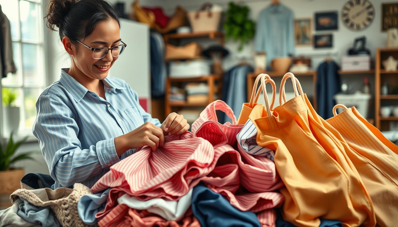 A vibrant and textural scene of a woman transforming a pile of old dress shirts into a collection of stylish and practical shopping bags. The foreground depicts her skilled hands stitching and shaping the repurposed fabric, her face reflecting a sense of focused creativity. The middle ground showcases the transformation in progress, with various shapes and sizes of bags taking form. The background features a cozy, well-lit workspace with sewing supplies and natural light filtering in, evoking a sense of craftsmanship and sustainability. The image conveys a mood of eco-conscious ingenuity, inspiring the viewer to consider new ways of breathing life into discarded garments.