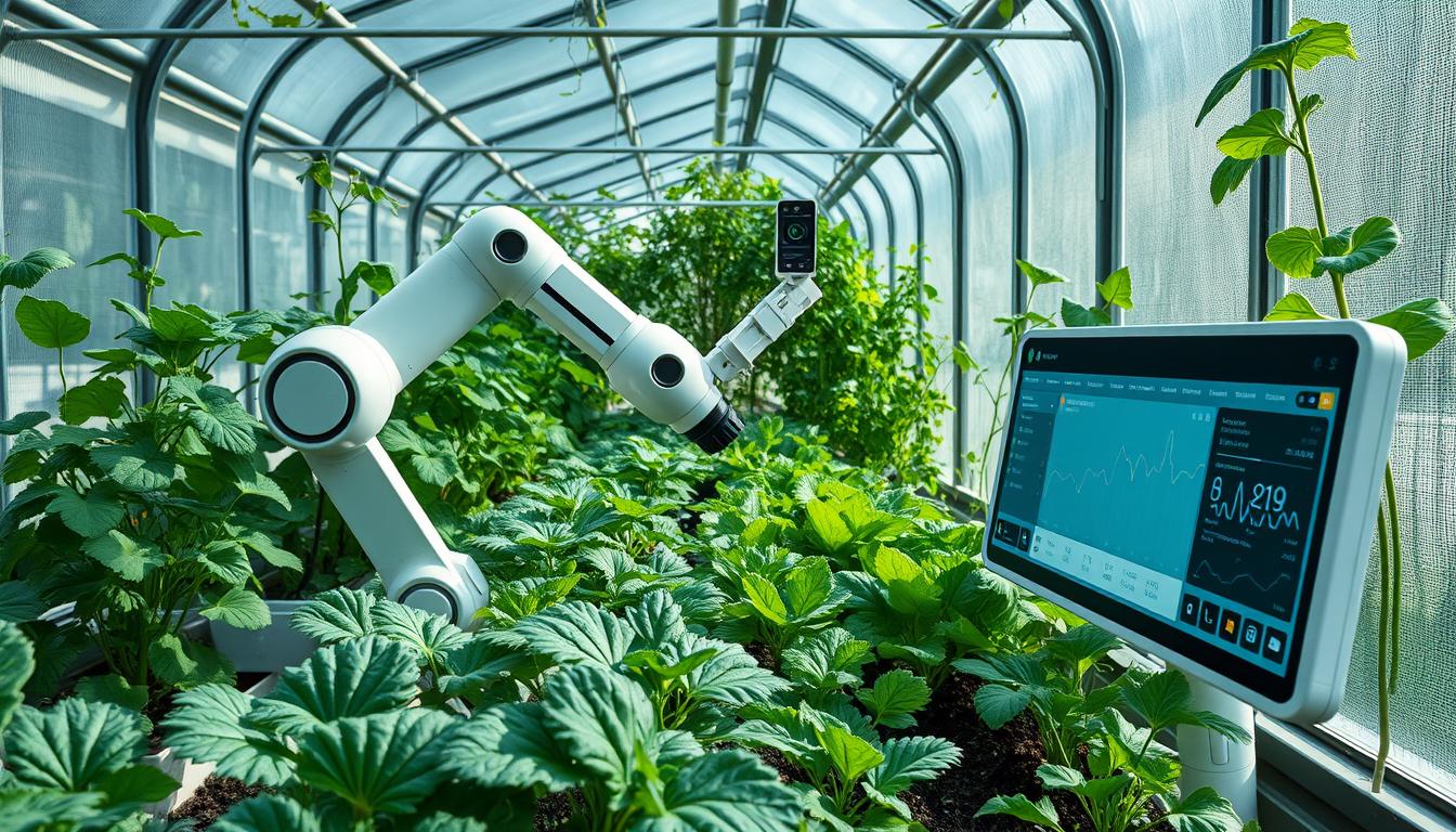Lush vegetable garden with modern AI-powered smart greenhouse, sunlight filtering through glass panels, sleek robotic arm tending to the plants, dashboard displaying growth data and soil analytics, minimalist yet sophisticated design, conveying the future of home gardening enabled by VeggieGarden AI for beginners, creating an atmosphere of innovation, sustainability and effortless productivity.