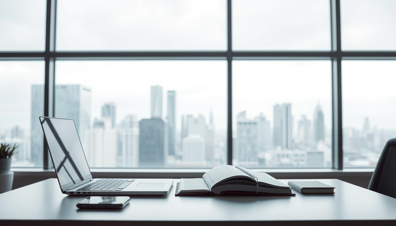 A modern office workspace with a clean, minimalist aesthetic. The scene features a desk with a laptop, smartphone, and a physical planner open, representing the integration of digital and analog time management tools. Soft, diffused lighting illuminates the space, creating a focused and productive atmosphere. In the background, a large window overlooking a bustling city skyline, symbolizing the importance of time organization in today's fast-paced world. The color palette is muted, with shades of gray, white, and subtle accents of blue, emphasizing the calm and organized nature of the environment. The overall composition conveys a sense of balance, control, and efficiency, reflecting the theme of effective time management.
