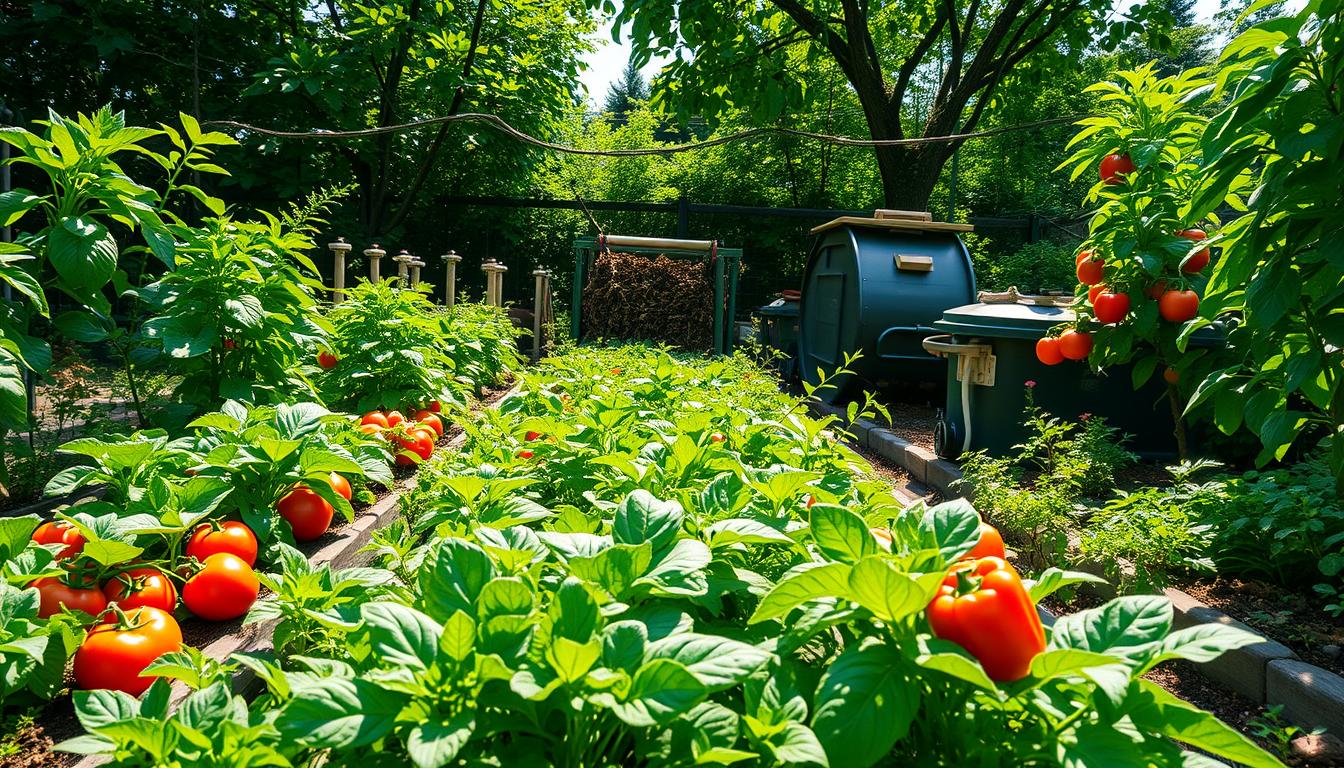 A lush, vibrant home garden teeming with a bountiful harvest of fresh vegetables. In the foreground, rows of leafy greens, tomatoes, and vibrant bell peppers thriving in raised garden beds. The middle ground showcases a compact, self-watering irrigation system, its intricate pipes and valves seamlessly integrated into the landscape. In the background, a compost bin overflows with nutrient-rich organic matter, fueling the garden's natural growth. Dappled sunlight filters through a canopy of verdant foliage, creating a serene, sustainable oasis. The scene exudes a sense of harmony and self-sufficiency, perfectly capturing the essence of a thriving home vegetable garden.