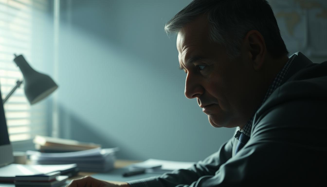 A dimly lit office, the weight of a decision weighing heavily on the shoulders of a pensive executive. Soft shadows cast across a furrowed brow, illuminating the intensity of deep thought. The desk, a battleground of documents and spreadsheets, reflects the complexity of the challenge at hand. A single, focused beam of light cuts through the gloom, guiding the decision-maker towards a resolution, yet the path remains obscured. Capture the solemnity and gravity of making a difficult choice, where the outcome hangs in the balance, casting a palpable tension throughout the scene.