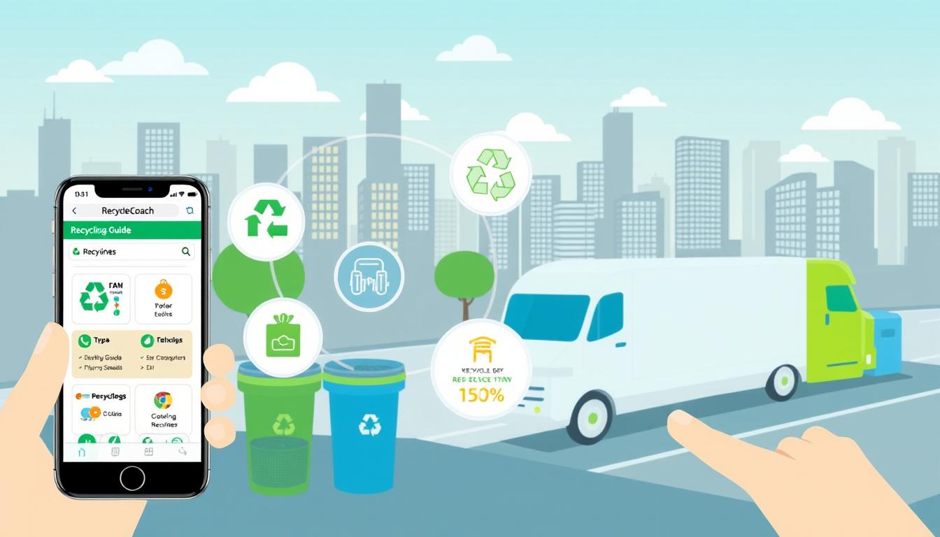 A modern, vibrant illustration of the RecycleCoach mobile app seamlessly integrating with local recycling services. In the foreground, a smartphone screen displays the app's user interface, showcasing intuitive recycling guides and collection schedules. The middle ground features dynamic icons and infographics highlighting the app's key features, such as pickup reminders and recycling statistics. The background depicts a cityscape with various recycling bins and trucks, symbolizing the connection between the digital platform and the physical recycling infrastructure. The overall scene conveys a sense of efficiency, sustainability, and the empowerment of individuals to make a positive environmental impact through technology-enabled recycling.
