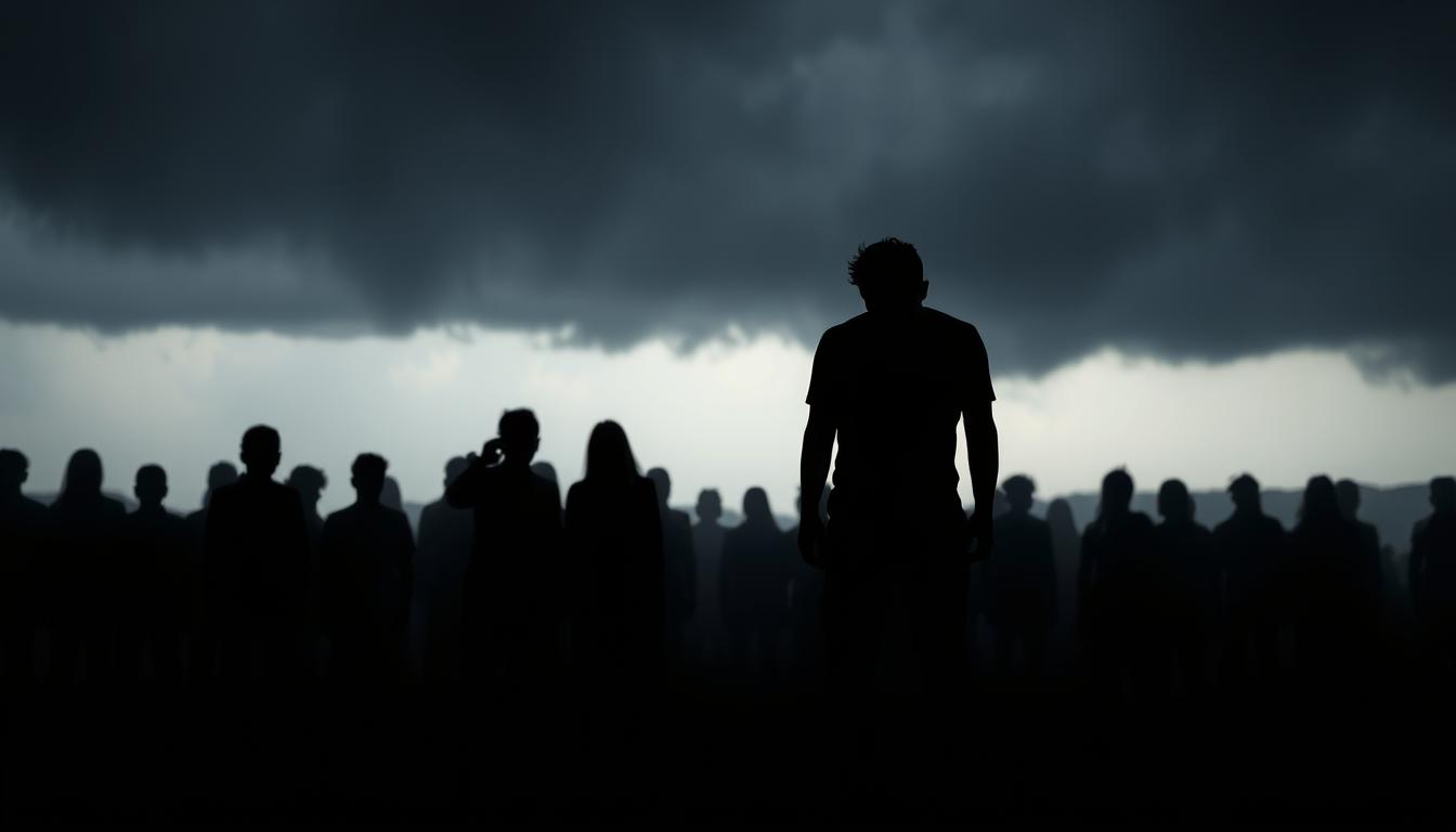 A dark, gloomy landscape with ominous storm clouds looming overhead. In the foreground, a lone figure stands, their shoulders slumped, casting a long, ominous shadow. The figure's expression is one of dejection and resignation, reflecting the weight of negative energy surrounding them. The middle ground is filled with shadowy silhouettes of other individuals, their bodies intertwined, creating a sense of overwhelming negativity and toxicity. In the background, the sky is a muted, dull gray, conveying a sense of hopelessness and a lack of vibrant energy. The overall scene evokes a palpable sense of the detrimental impact that negative people can have on one's emotional well-being and personal growth.