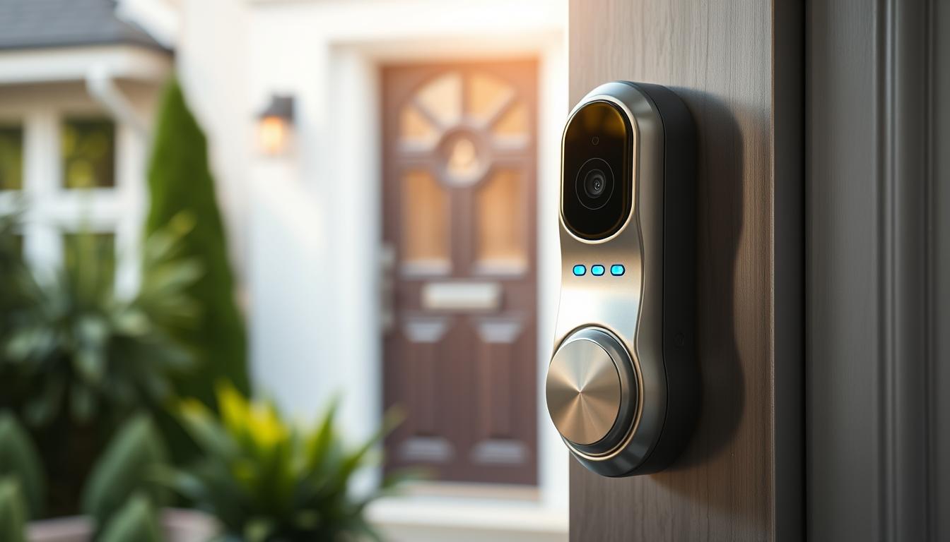 A modern and sleek smart lock with a built-in camera, prominently displayed in the foreground. The lock features a shiny metallic surface, glowing LED indicators, and an elegant design that signifies advanced technology. Surrounding the lock are faint outlines or silhouettes of a secure home environment, including a stylish front door and a soft, blurred garden in the background. Soft, natural lighting illuminates the scene, creating a sense of safety and security. The composition should be captured at a slight angle to showcase the intricate details of the smart lock, evoking an atmosphere of innovation and reliability.