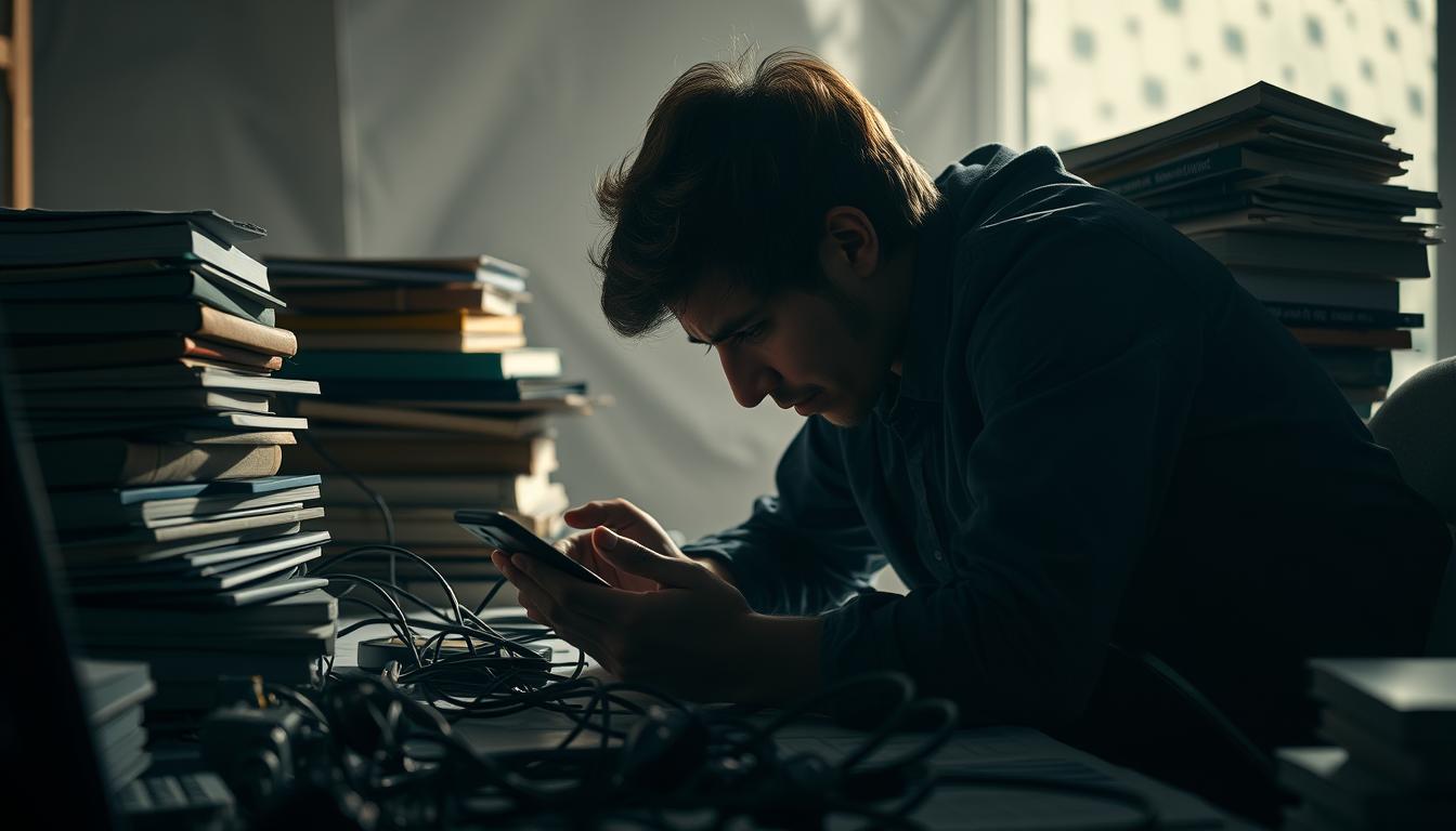 تجربتي مع تحديات التركيز أثناء الدراسة A student sits hunched over a cluttered desk, struggling to focus amidst a swirl of distractions. Stacks of books, a smartphone, and a tangle of cables compete for attention, creating a sense of overwhelming complexity. The lighting is harsh, casting deep shadows that accentuate the student's furrowed brow and tight expression. The background is hazy, blurred out to emphasize the central figure's internal battle to maintain concentration. The overall mood is one of tension and mental strain, capturing the challenges of sustained focus during long study sessions.