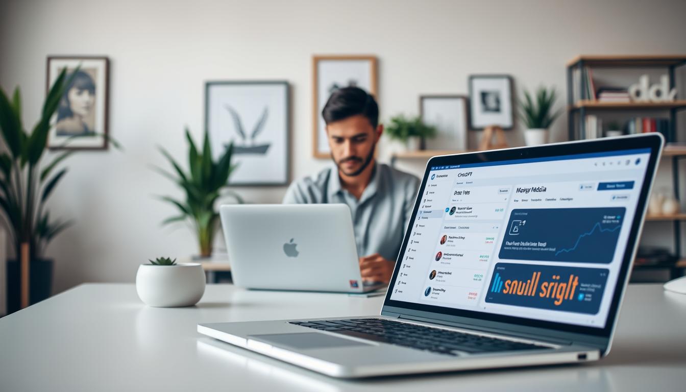 A digital marketing and social media management scene featuring ChatGPT. Set in a modern, minimalist office environment with clean lines, soft lighting, and a neutral color palette. In the foreground, a laptop displays ChatGPT's interface, with data analytics and social media scheduling tools visible on the screen. In the middle ground, a person in a casual, professional attire is engaged with the laptop, hands poised over the keyboard. The background features a tasteful blend of decorative elements, such as potted plants, framed artwork, and shelves with marketing-related books and materials, conveying a sense of productivity and inspiration. The overall mood is one of efficiency, organization, and the seamless integration of AI-powered tools into digital marketing workflows.