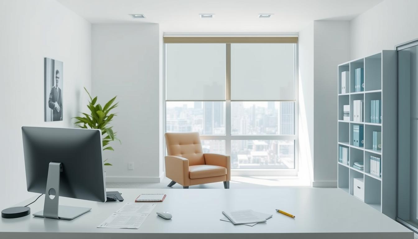 A well-lit, modern office space with clean, minimalist design. A large desk with a computer, papers, and a few personal items sits in the foreground. In the middle ground, a sleek bookshelf lines the wall, and a comfortable-looking armchair is positioned near a window, offering a view of a cityscape in the background. The lighting is soft and natural, creating a calm and focused atmosphere. The overall impression is one of a productive, distraction-free work environment that promotes efficiency and concentration.